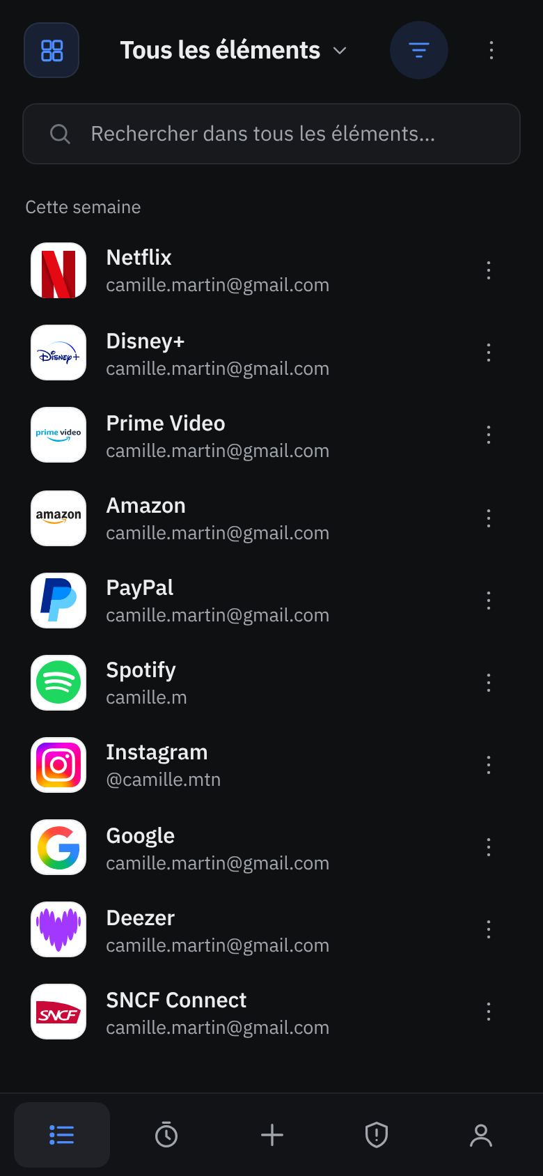 La liste des identifiants dans Verrou, avec le logo de chaque site