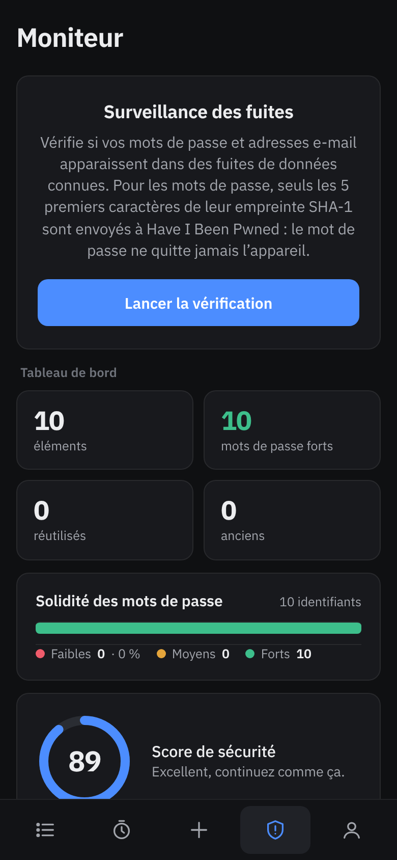 Le moniteur de sécurité de Verrou : score, mots de passe faibles, réutilisés et fuites